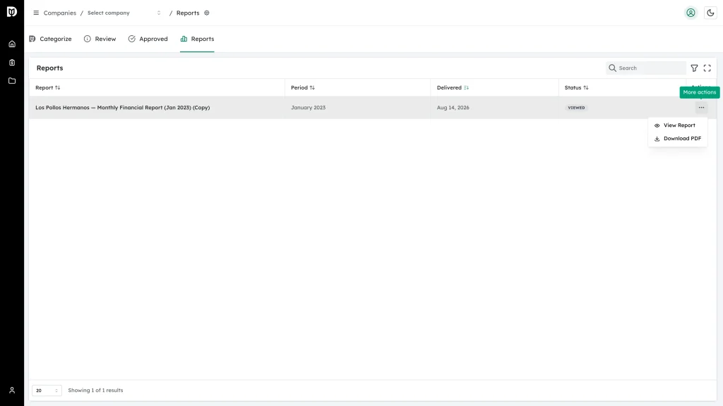 Actions menu open with View Report and Download PDF