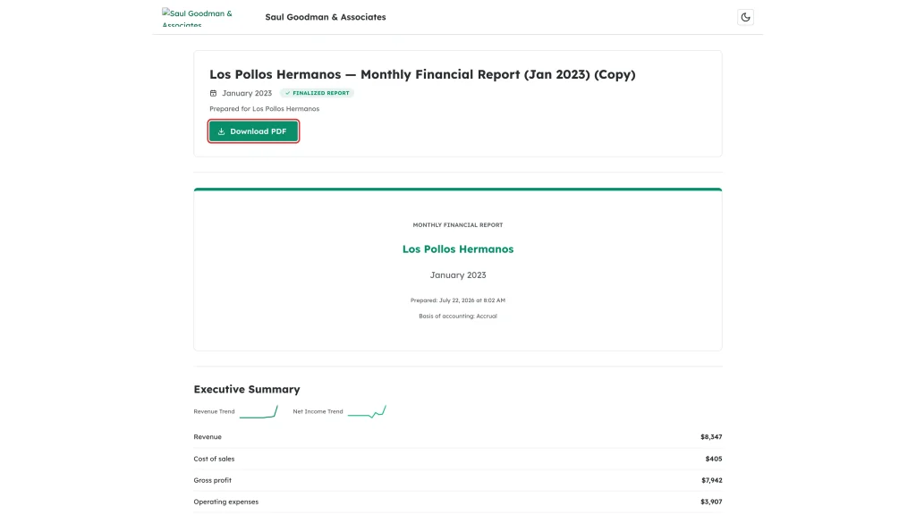 Download PDF button highlighted on the opened report
