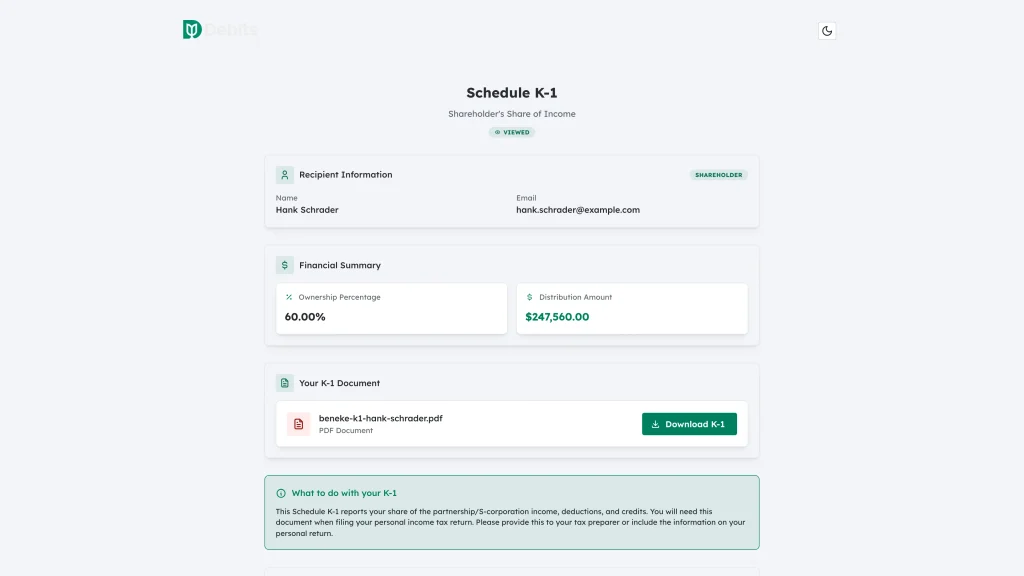 The Schedule K-1 page showing the delivery status badge, Recipient Information, Financial Summary and document card