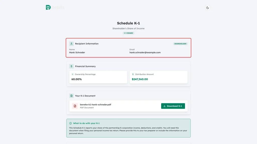 The Recipient Information card highlighted with the name, email and role badge