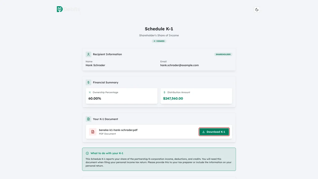 The Download K-1 button highlighted beside the K-1 PDF file name
