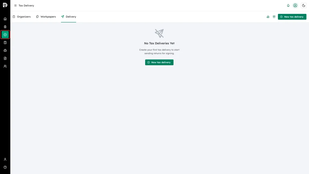 The Tax Delivery icon highlighted in the left sidebar