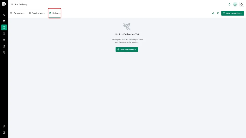 The Delivery tab highlighted next to Organizers and Workpapers