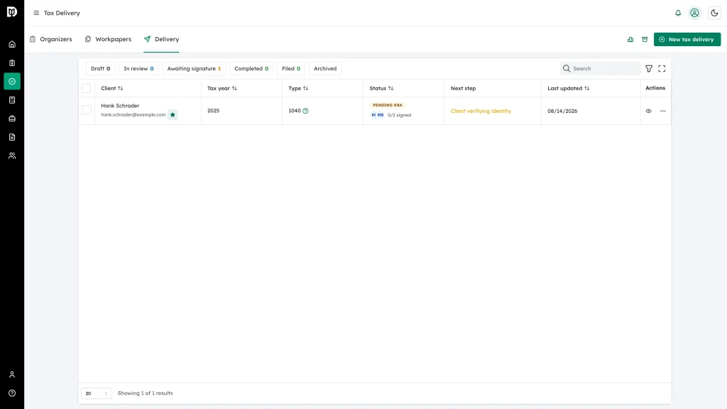 The tax delivery list showing the Client, Tax year, Type, Status, Next step and Last updated columns