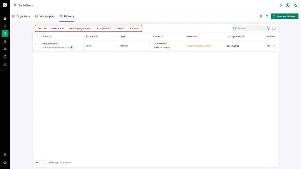 The row of status filter chips highlighted above the table