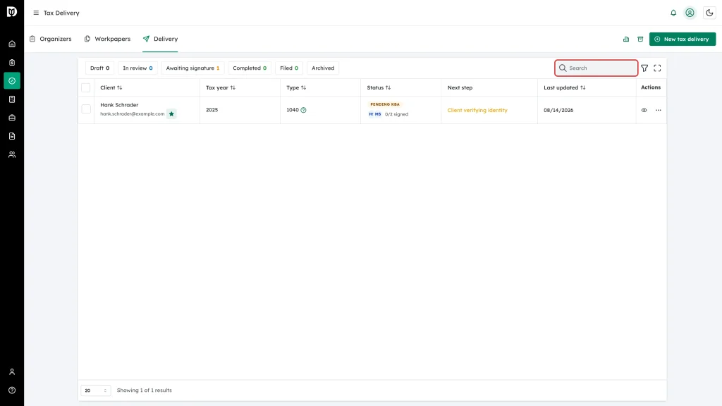 The Search box highlighted at the top right of the table