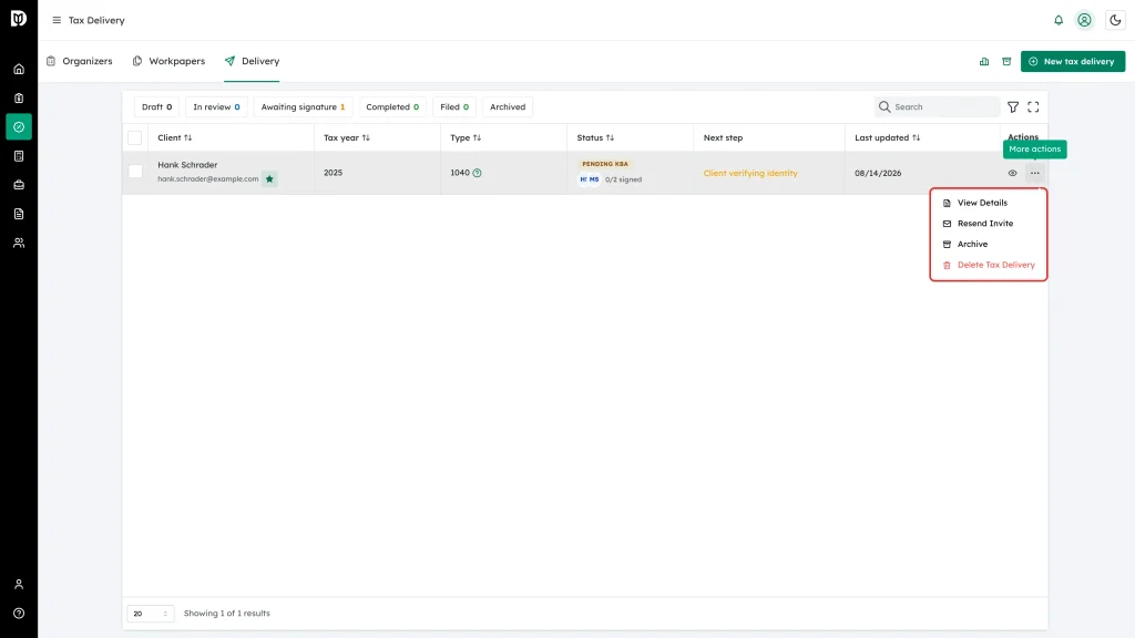 The row actions menu highlighted with View Details, Resend Invite, Archive and Delete Tax Delivery