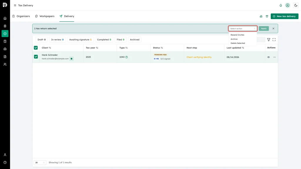 The Select action dropdown highlighted in the bulk action bar, showing Resend Invites, Archive and Delete Selected