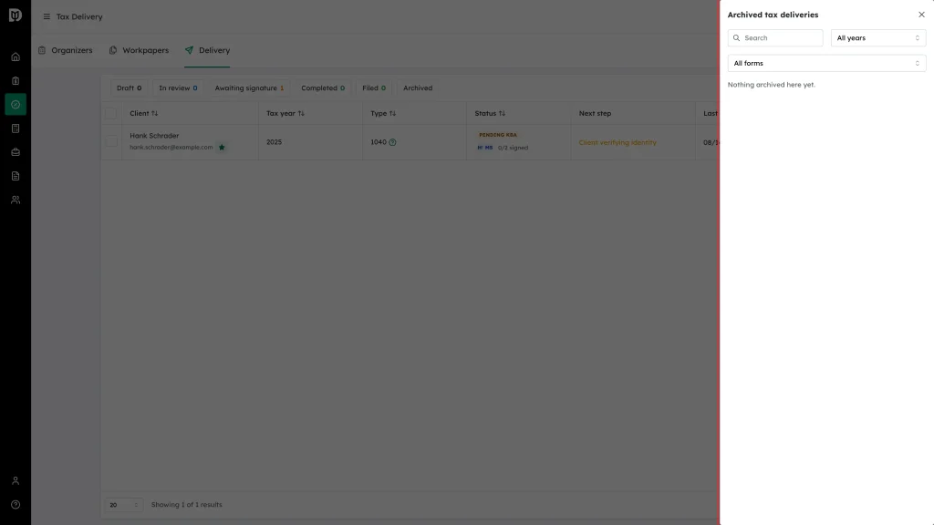 The Archived tax deliveries drawer highlighted on the right of the screen