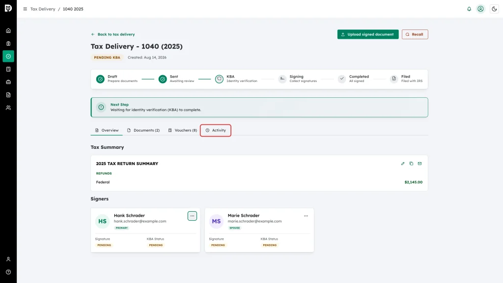 The Activity tab highlighted on the tax delivery detail page