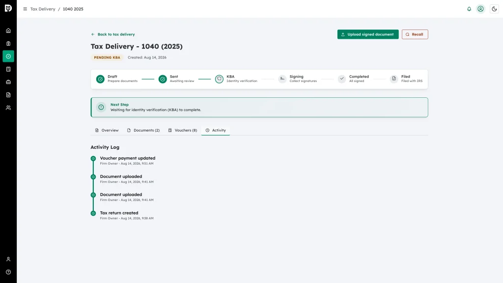 The Activity Log timeline showing events with the actor name and timestamp under each one