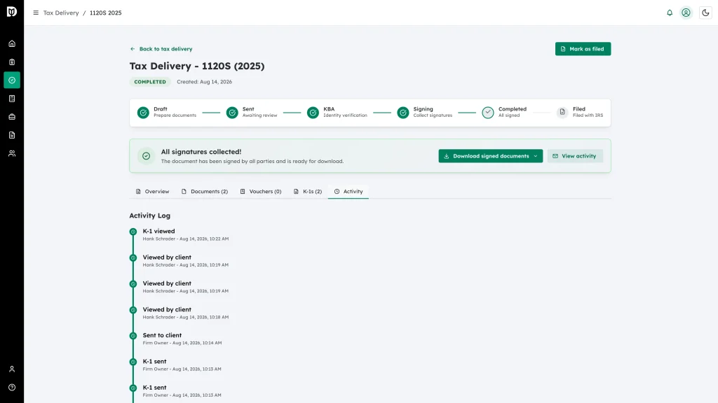 A fuller Activity Log on a completed return showing K-1 viewed, Viewed by client, Sent to client and K-1 sent events