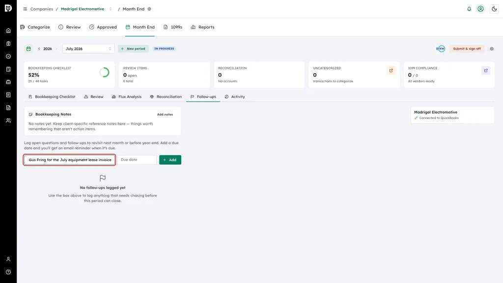 Highlighted follow-up entry field with the due date picker and Add button