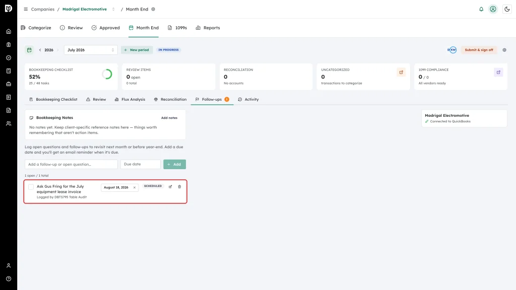 Highlighted logged follow-up showing its author, due date, and status badge