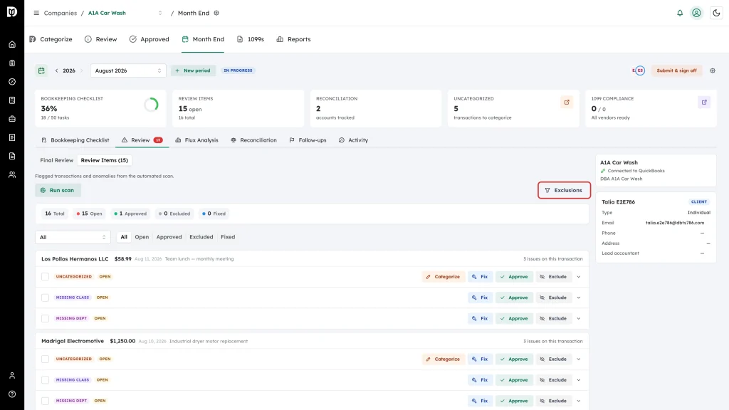 Highlighted Exclusions button above the review items list