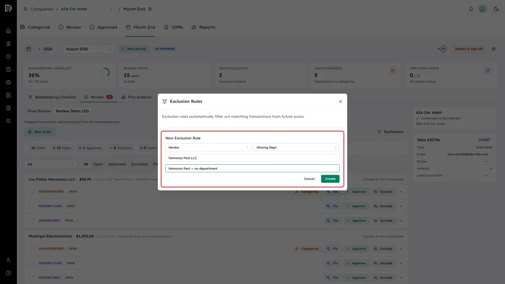 Highlighted New Exclusion Rule form with type, scope, value, and display name