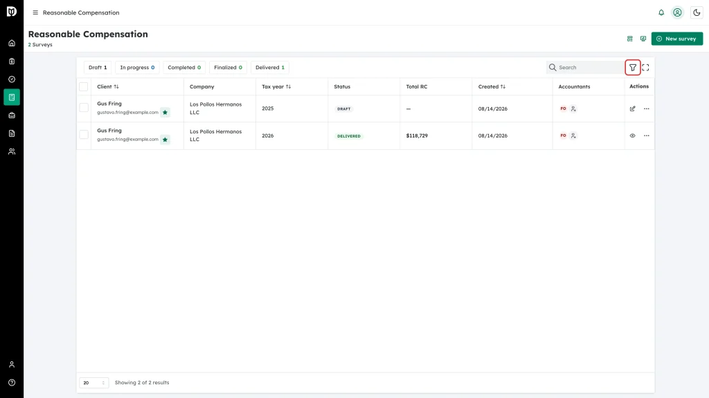 The Show/Hide filters funnel icon in the table toolbar