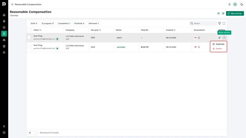 The row menu on a draft survey, showing Duplicate and Delete