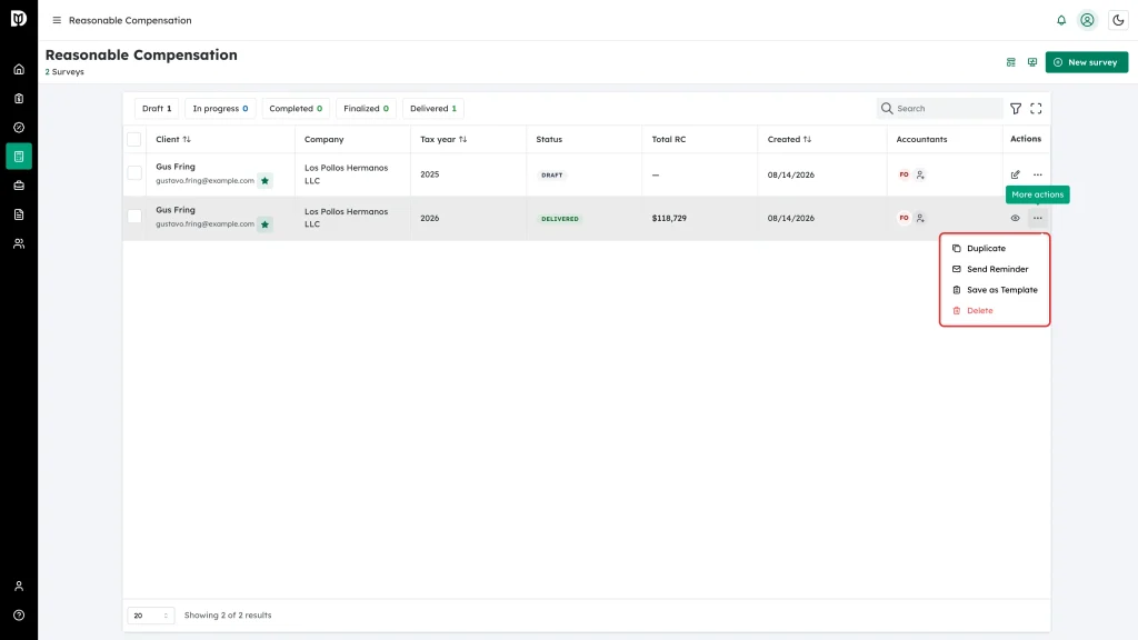 The row menu on a delivered survey, showing Duplicate, Send Reminder, Save as Template and Delete