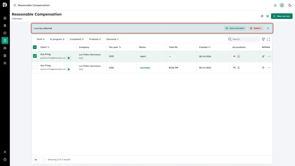 The bulk action bar shown after selecting a survey row