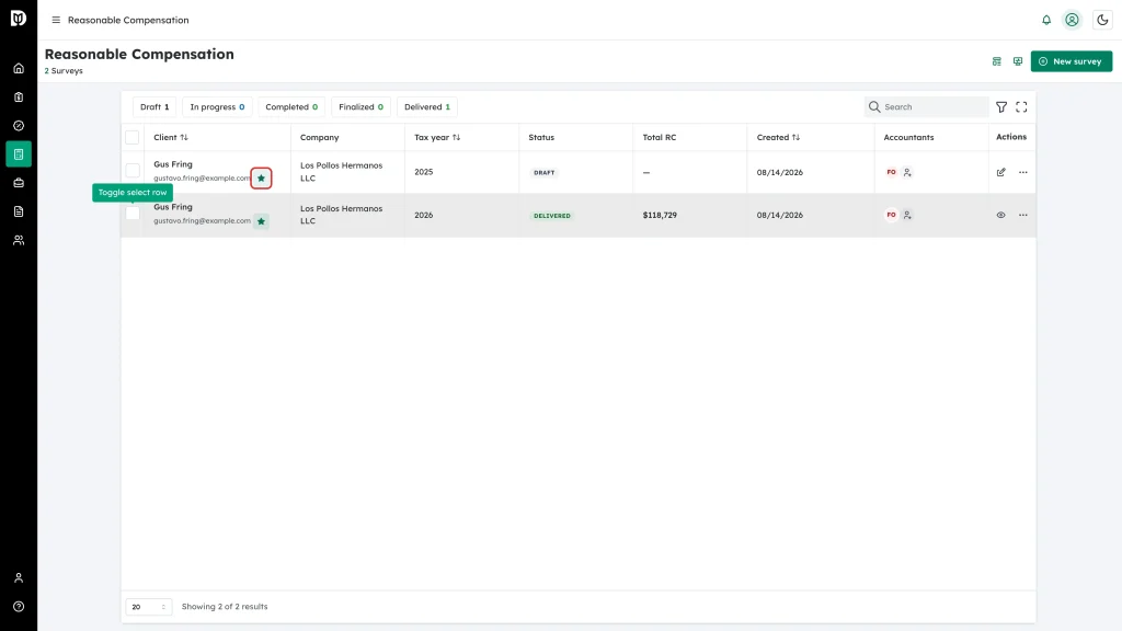The magic link button beside the client's email address in the Client column