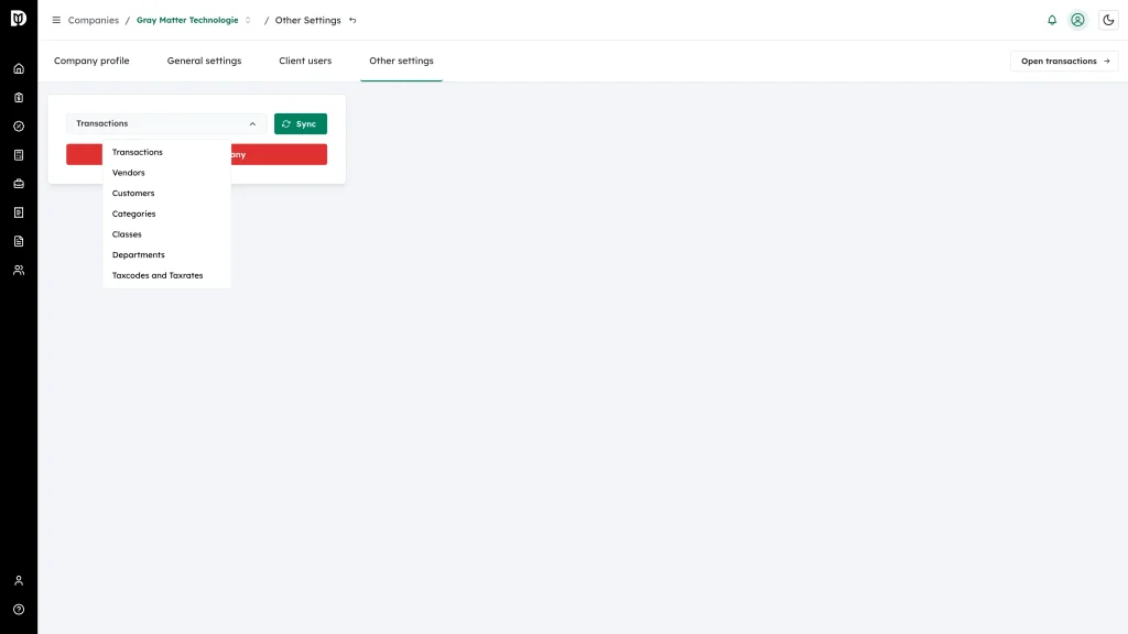 The sync picker open listing Transactions, Vendors, Customers, Categories, Classes, Departments and Taxcodes and Taxrates