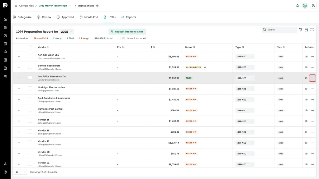Highlighted More actions button on a vendor row