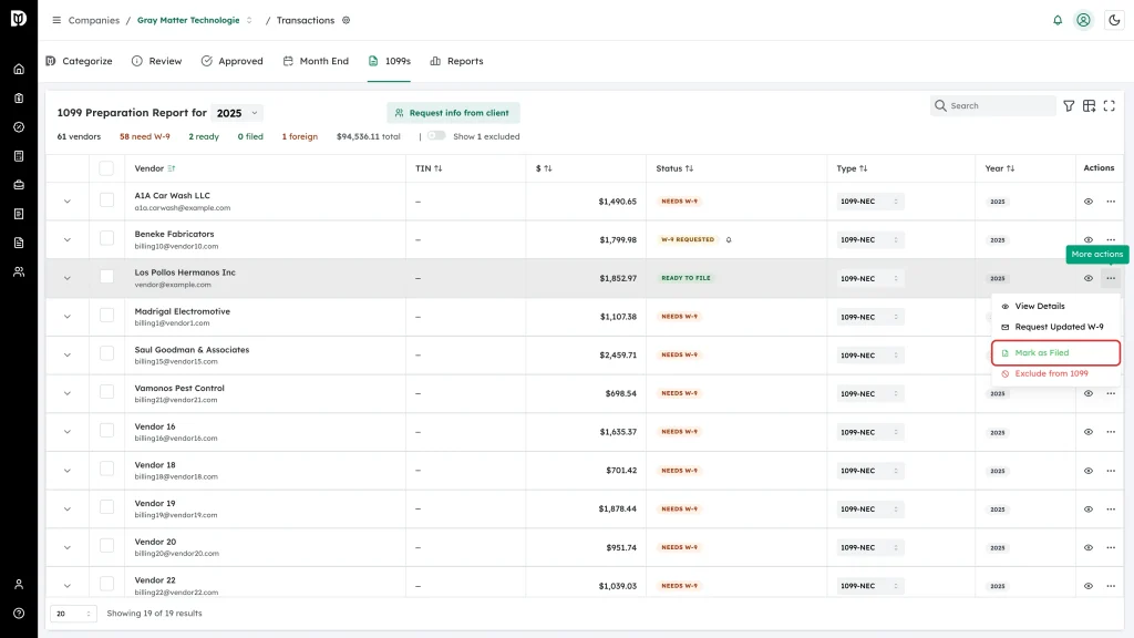 Highlighted Mark as Filed item in the row actions menu