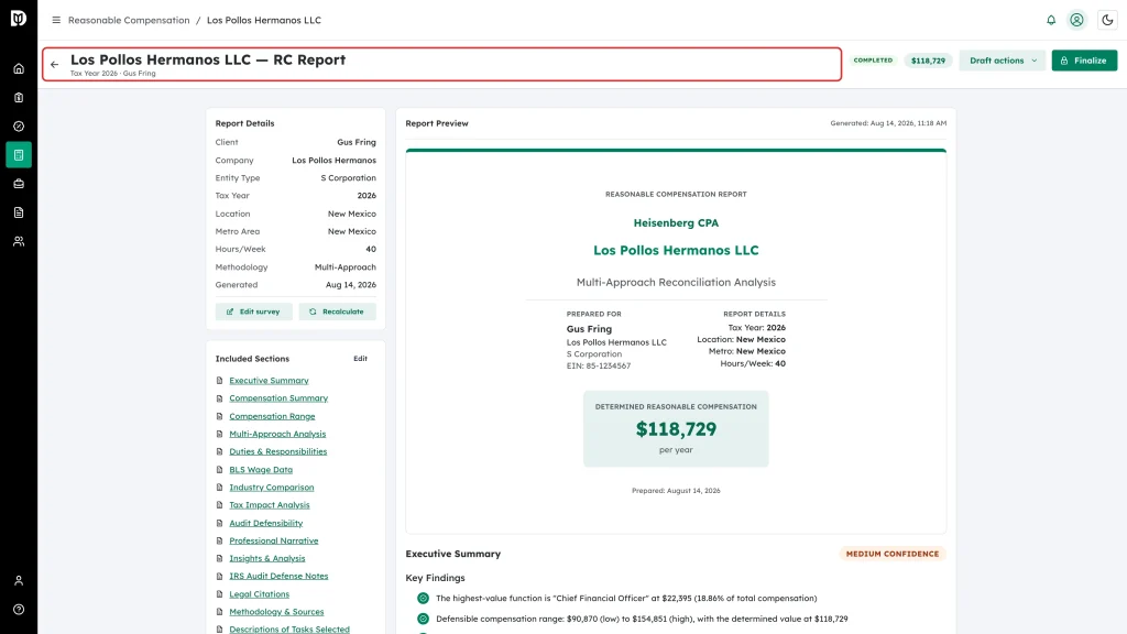 The report page header showing the company name, RC Report, tax year and client