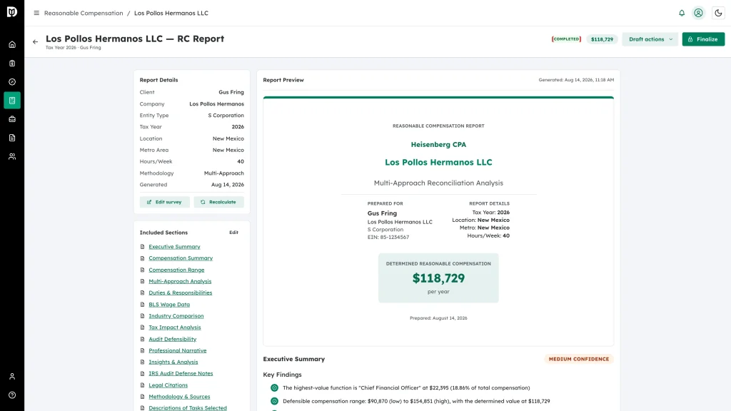 The COMPLETED status badge and the total reasonable compensation badge in the report header