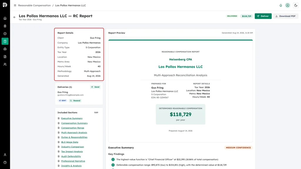 The Report Details panel with its Edit survey and Recalculate buttons