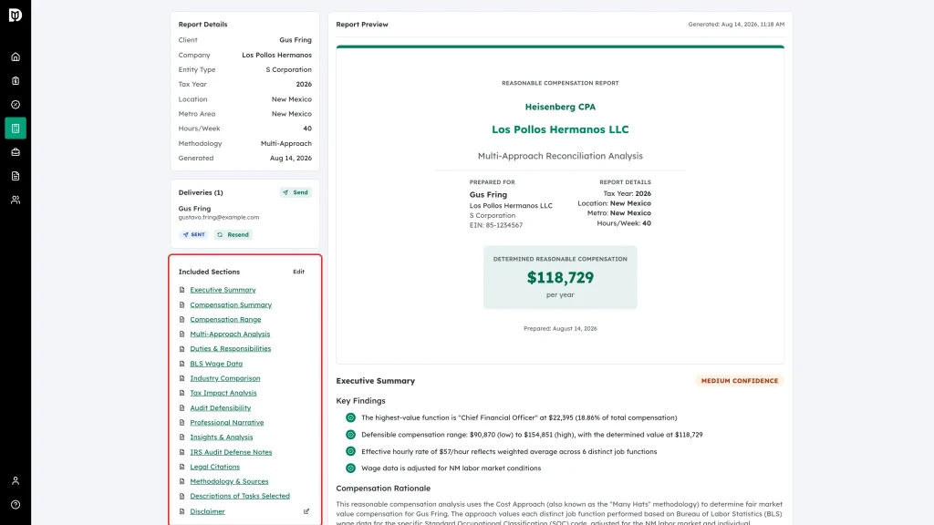 The Included Sections panel listing every report section with its Edit link