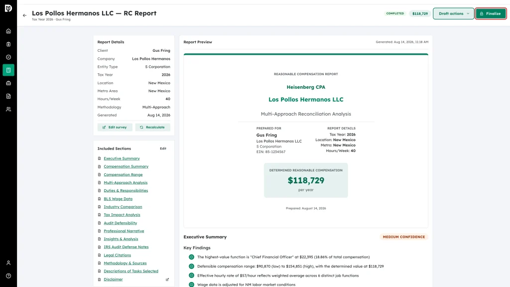 The Finalize button in the report header
