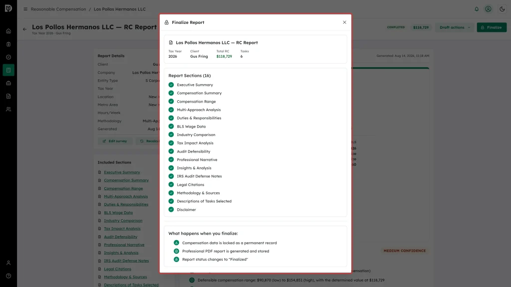 The finalize confirmation window listing what finalizing does