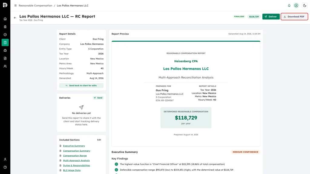 The Download PDF button on a finalized report
