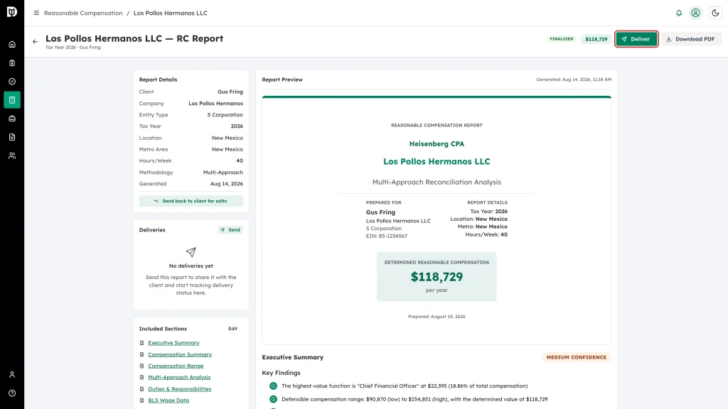 The Deliver button on a finalized report