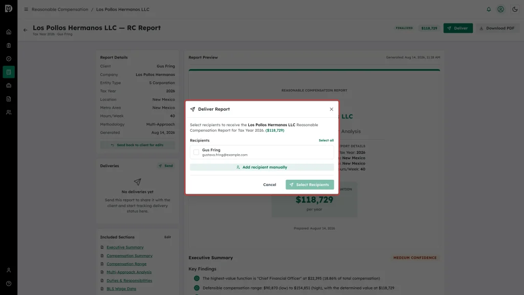 The Deliver Report window with its recipient list