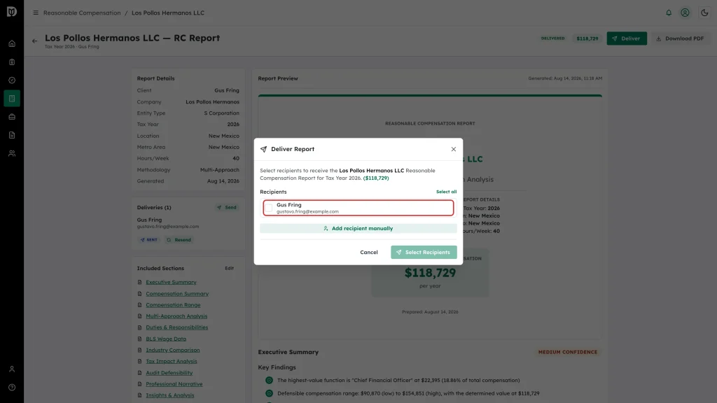 The recipient row for the client in the Deliver Report window