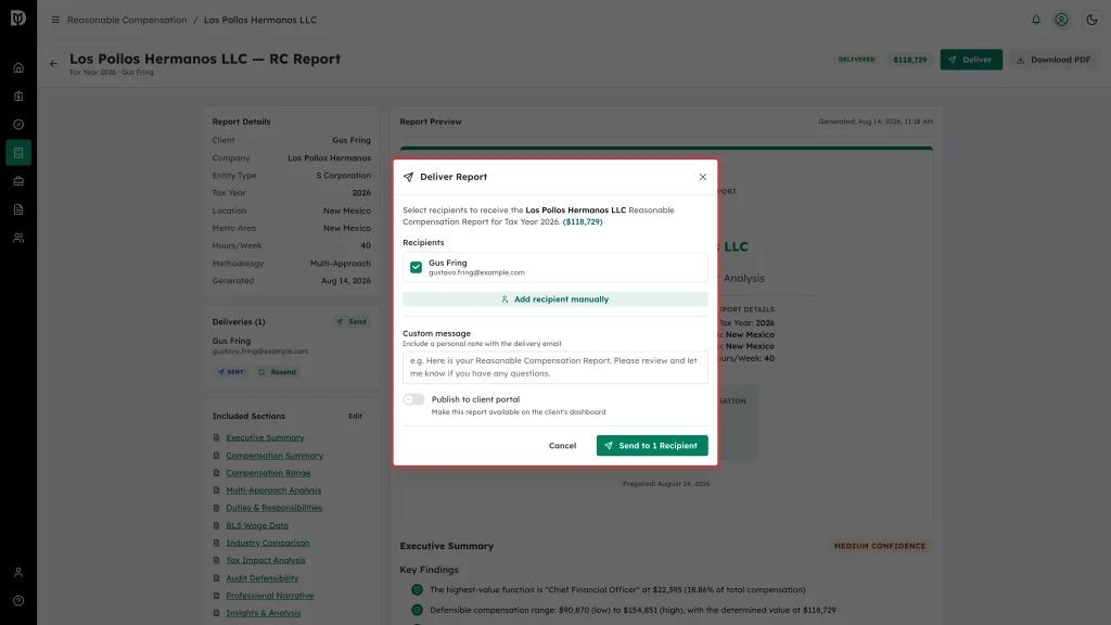 The Deliver Report window with a recipient selected, showing Custom message, Publish to client portal and the Send button