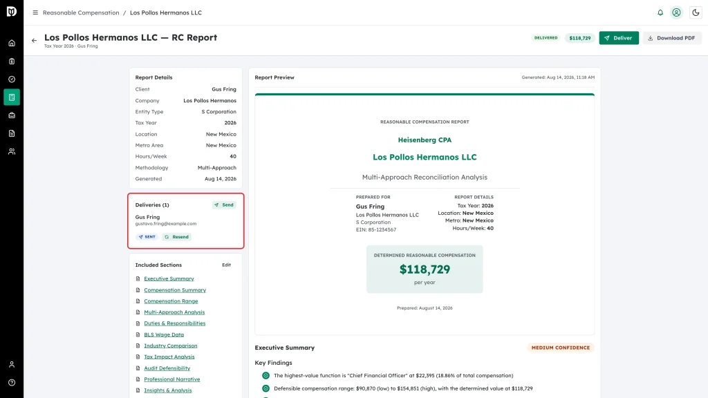 The Deliveries panel listing the recipient with a SENT badge and a Resend button