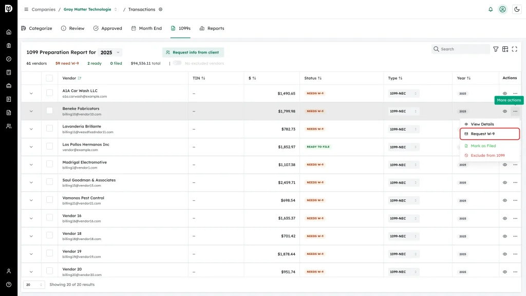 Highlighted Request W-9 item in the row actions menu