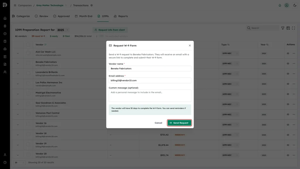 Highlighted Request W-9 Form window with vendor name, email and custom message fields