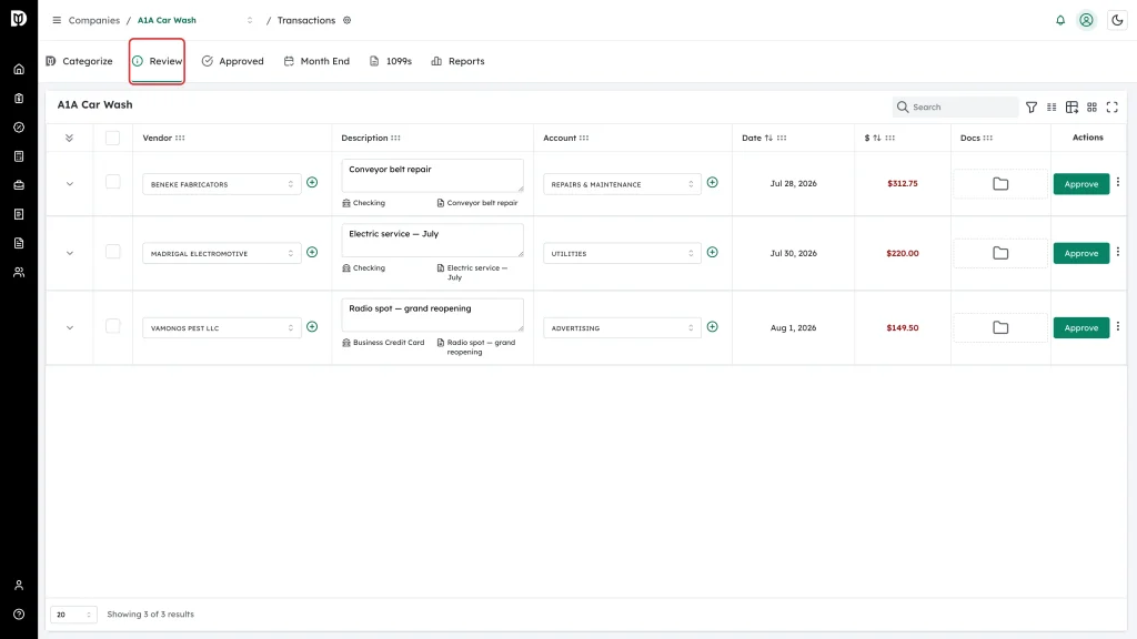 Highlighted Review tab on the Transactions page