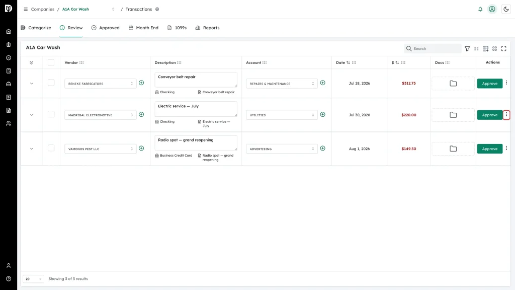 Highlighted three-dot actions menu on a transaction row