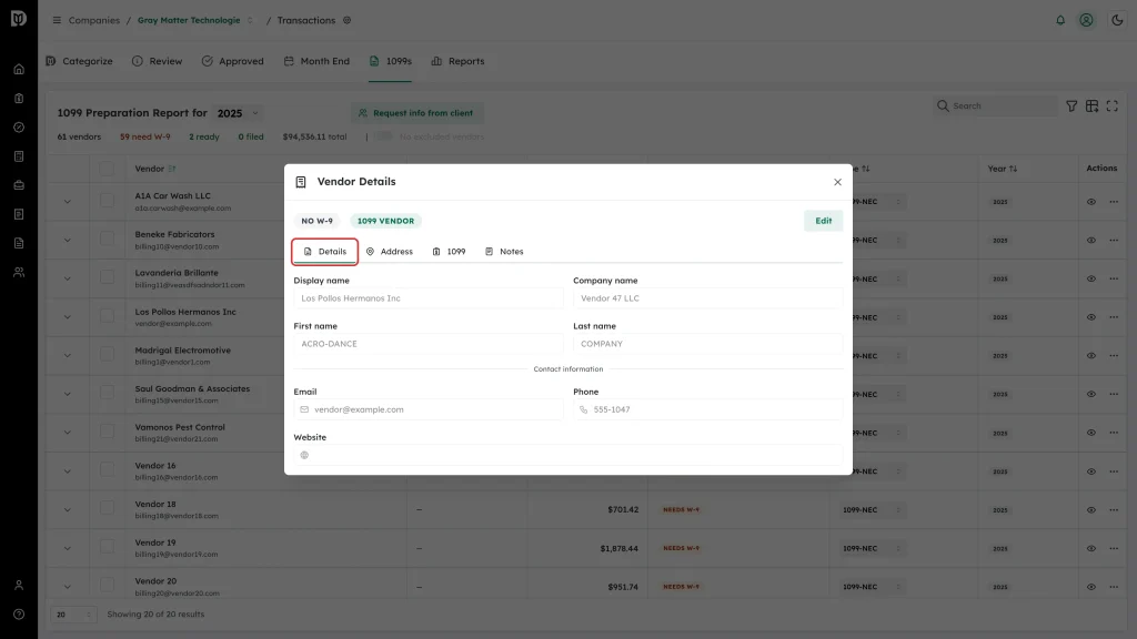 Highlighted Details tab of the Vendor Details window