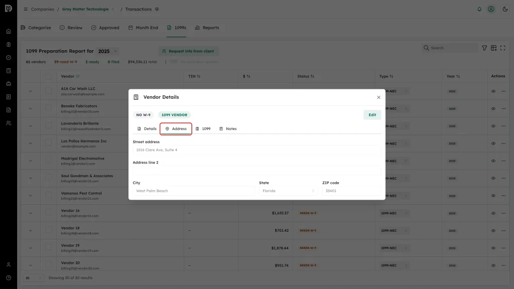 Highlighted Address tab of the Vendor Details window