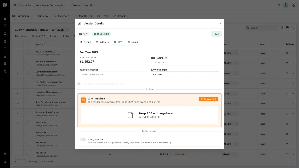 1099 tab showing tax year totals, TIN, tax classification and 1099 form type