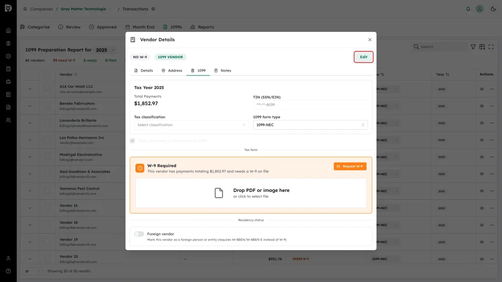 Highlighted Edit button in the Vendor Details header