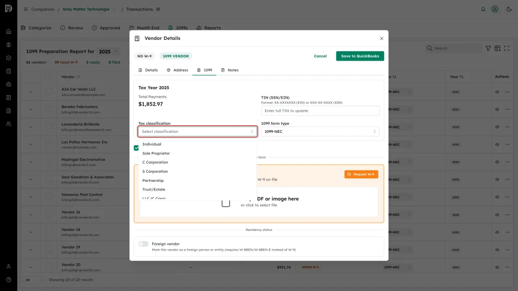 Highlighted Tax classification list open on the 1099 tab