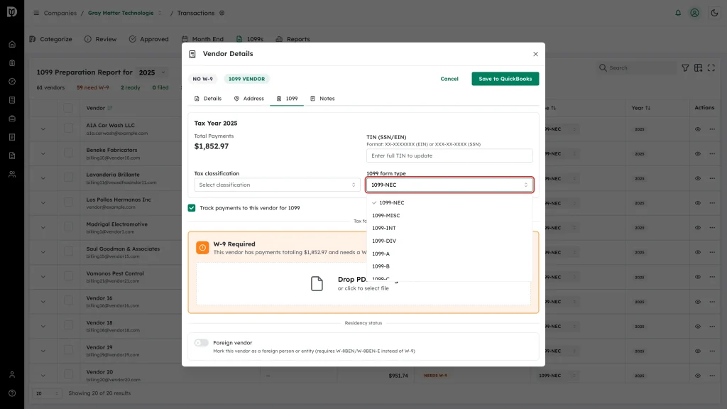 Highlighted 1099 form type list open on the 1099 tab